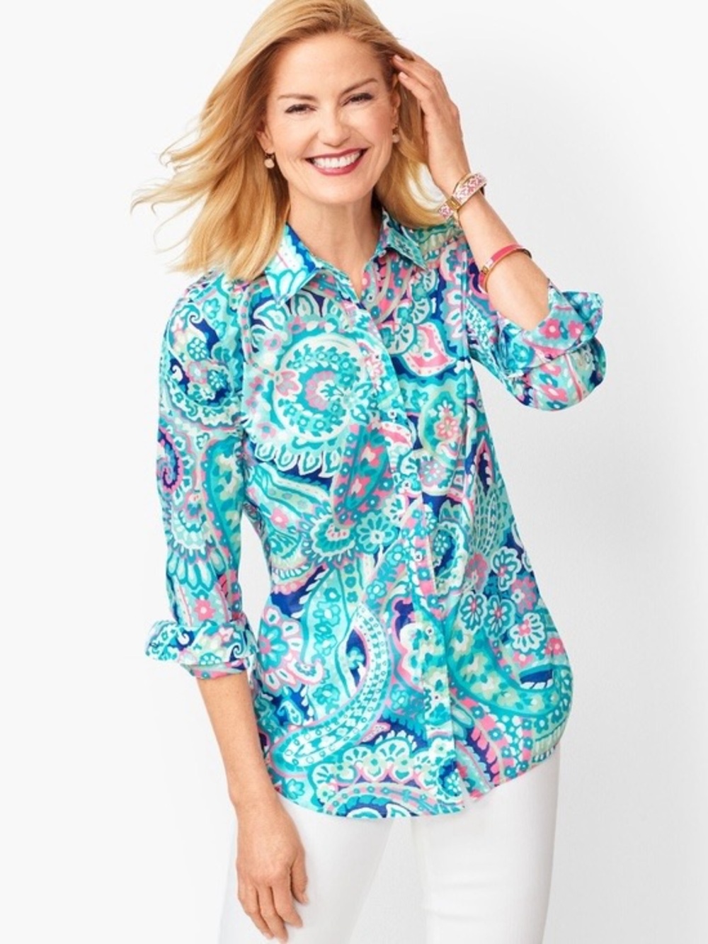 Talbots Paisley Button-Down Blouse in Aqua, Teal & Pink 1X Petite